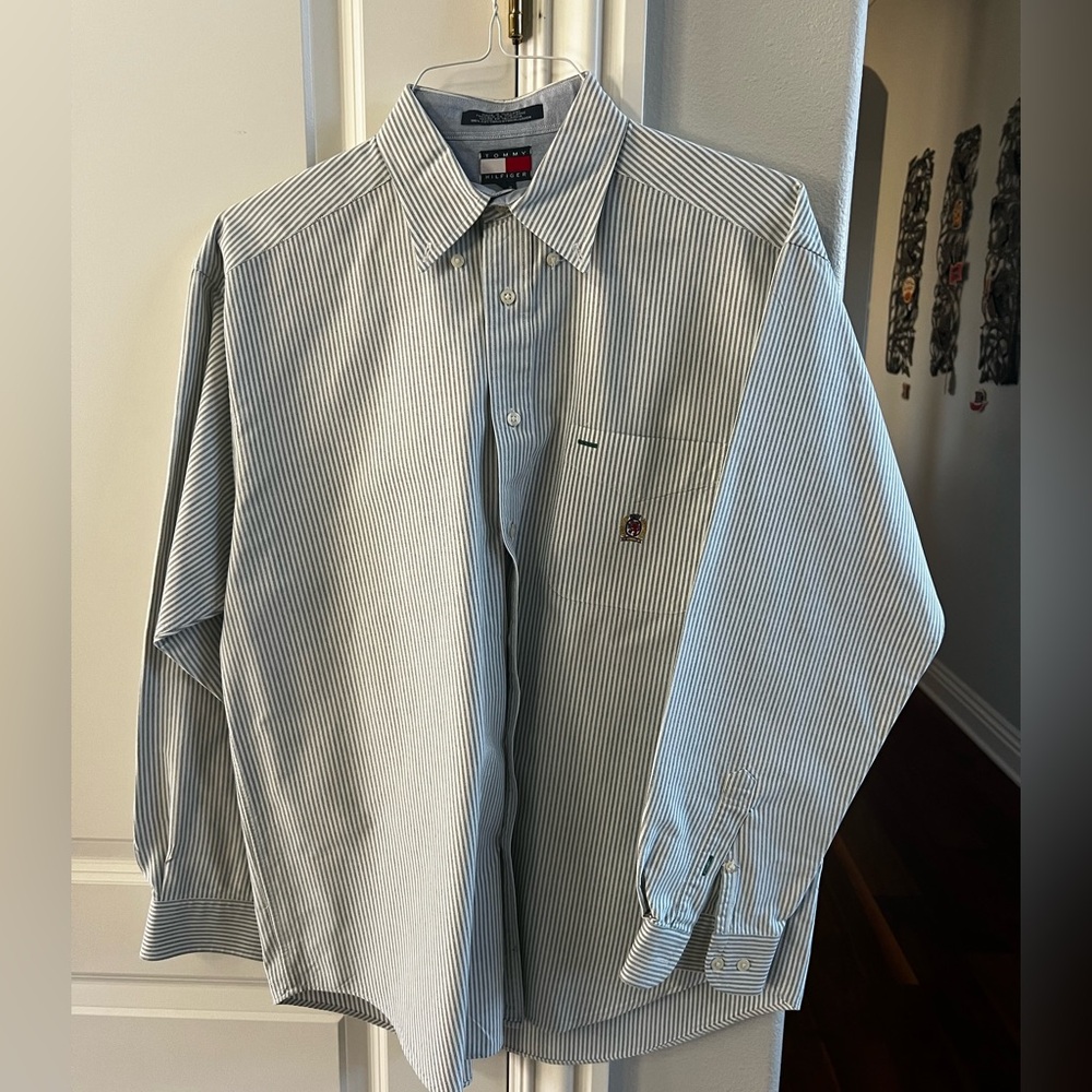 CLEARANCE Men’s M Forest Green & White Striped Button Down Shirt Tommy Hilfiger